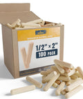 Built Tough Fluted Wood Dowel Pins 1/2 Inch X 2 Inch, 100 Piece Pack With Smooth Finish Kiln Dried Birch Wood Pegs in box.