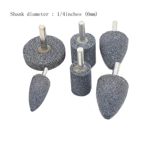 80 Grit Mounted Stone Point Grinding Bits Set for Rotary Tools, showing wheel, cylinder, cone heads with 6mm mandrel, set of 6