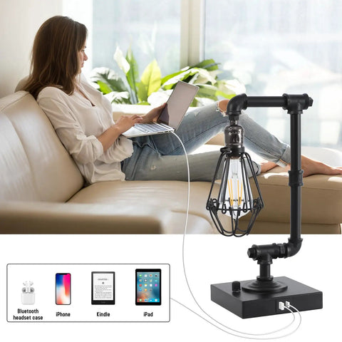 Industrial Table Lamp With Stepless Dimming Knob Control And Edison Pipe Design, USB A And USB C Charging Ports in living room.