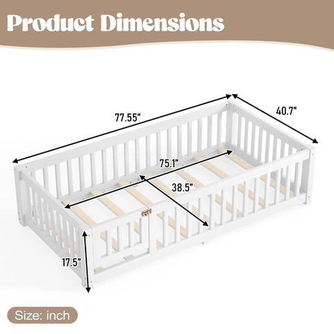 Product dimensions of Totally Built Tough Twin Floor Bed With Montessori Design And Complete Safety Guardrails Plus Easy Access Door For Kids in inches.