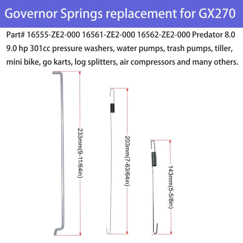 Governor Springs for GX270 showing dimensions and compatible uses for engines and equipment.