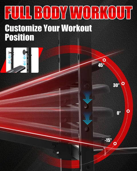Illustration of incline angles on Beefy Heavy Duty Weight Bench Set With Squat Rack 600 Lb Capacity Adjustable Bench Press Black
