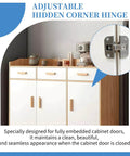 Adjustable hidden corner hinge installed on a cabinet, showcasing seamless and clean design for concealed cabinet doors.