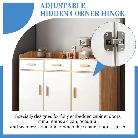 Adjustable hidden corner hinge installed on a cabinet, showcasing seamless and clean design for concealed cabinet doors.