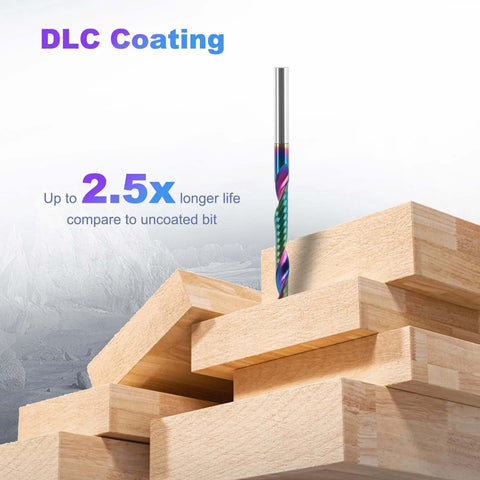 Side view of a DLC-coated router bit with rainbow finish standing on stacked wooden boards