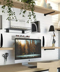 Office setup with SlatWall 12 Inch White Sample for quick color check and hands-on project planning, featuring shelves and accessories.