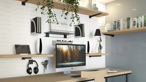 Office setup with SlatWall 12 Inch White Sample for quick color check and hands-on project planning, featuring shelves and accessories.