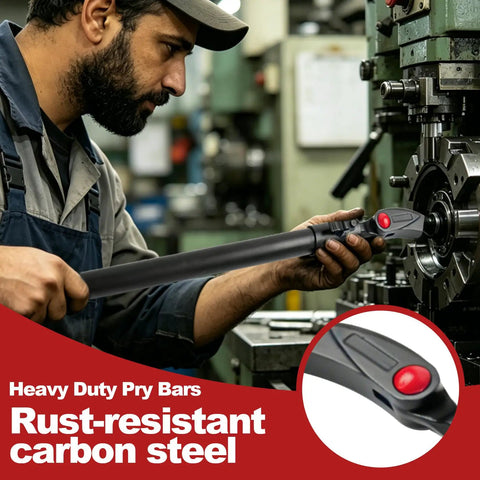 Built Different Heavy Duty 29 To 48 Inch Adjustable Pry Bar With 14 Position 180 Degree Rotating Head Extendable Telescoping Crowbar For Mechanics And Tough Jobs being used by a mechanic in a workshop.