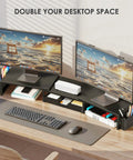 Dual Monitor Stand Riser With Drawer And Pen Holders, Metal Desk Organizer For Office Or Home Office, Keeps Your Desk Clean With Easy Access Storage, Computer Shelf And Racks, Black on wooden desk with monitors and accessories