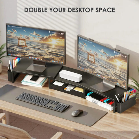 Dual Monitor Stand Riser With Drawer And Pen Holders, Metal Desk Organizer For Office Or Home Office, Keeps Your Desk Clean With Easy Access Storage, Computer Shelf And Racks, Black on wooden desk with monitors and accessories
