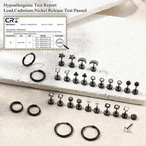 Black Flat Back Earrings For Sensitive Ears Hypoallergenic Surgical Steel Jewelry 316L Stainless Steel Nickel Free And Tarnish Resistant Comfortable All Day Wear With Opal Inlay And AAA Cubic Zirconia, hypoallergenic test report and multiple black studs