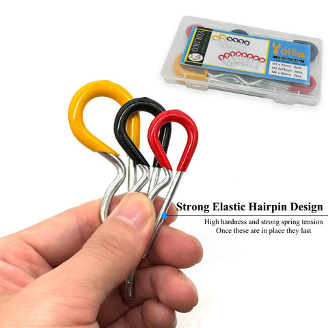 Four colored rubber-coated R-clip hitch pins with steel stems in a plastic case; sizes M3x60, M3.5x75, M4x90