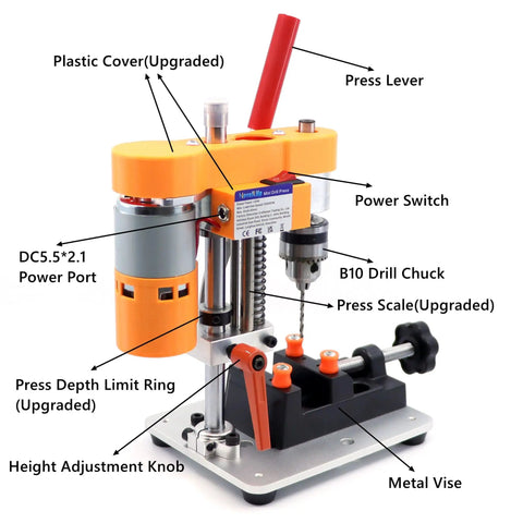 Mini Drill Press For Home Shop Precision Benchtop Drilling Machine Electric Portable Table Driller With CNC 795 Motor B10 Chuck labeled parts