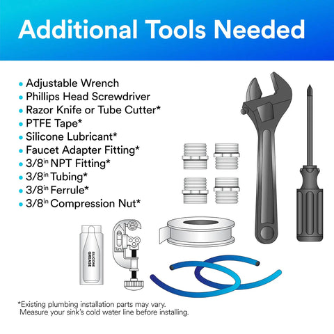 Tools and parts needed for installing Under Sink Water Filter System AP200 With Full Flow 1.75 GPM Connects To Cold Water Faucet.