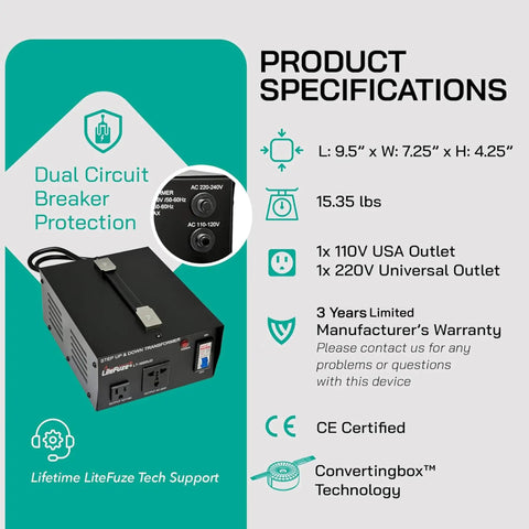 Product specifications for Beast 3000W Voltage Converter Transformer with dimensions, weight, outlets, and CE certification details shown.