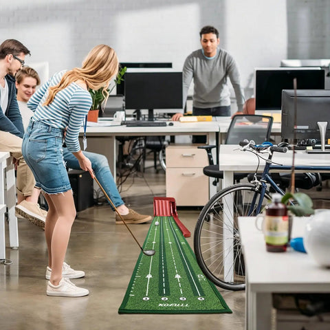 Indoor Golf Putting Mat With Auto Ball Return And 8.7 Feet Of Realistic Green Speed For Multiplayer Home Practice in an office setup