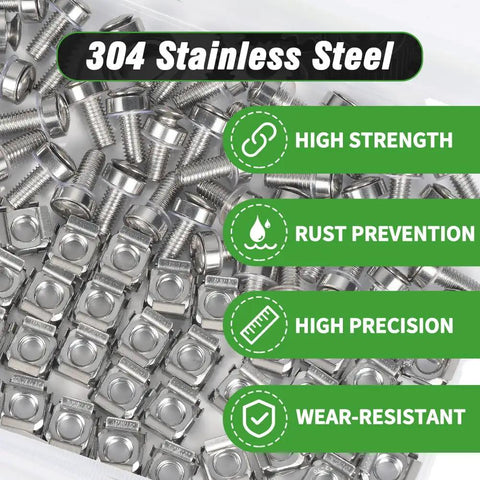 Heavy Duty Rack Mount Cage Nuts and M6 X 16mm Thumb Screws Kit With 304 Stainless Steel, high strength, rust prevention, wear-resistant.