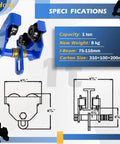 Manually Operated Trolley 1 Ton Capacity Steel Push Beam Trolley for I-Beams with adjustable width and side view diagram