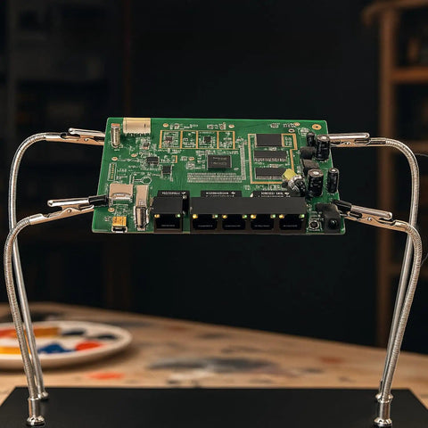Magnetic Helping Hands Soldering Tool With Flexible Alligator Clip Arms And Magnetic Base holding a PCB for electronics work