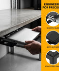 Heavy Duty Under Desk Laptop Mount Rack designed for a no sweat install showcasing laptop being stored securely.