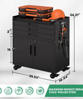 Heavy Duty Metal Rolling Tool Cabinet With Pegboard And 10 Hooks, Black, 500 lb capacity, workshop tool chest with dimensions