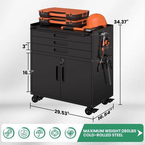 Heavy Duty Metal Rolling Tool Cabinet With Pegboard And 10 Hooks, Black, 500 lb capacity, workshop tool chest with dimensions