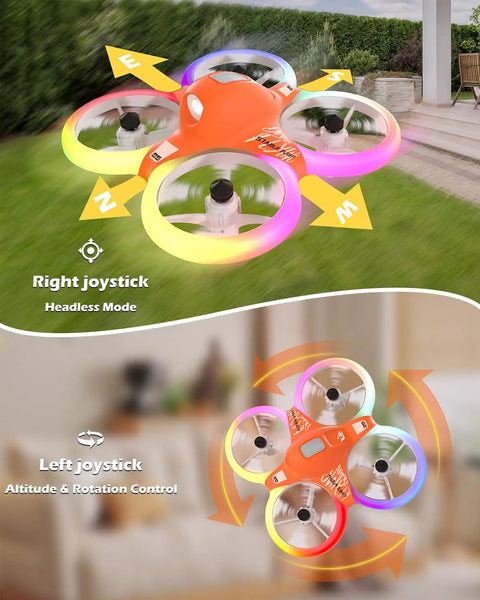 Colorful RGB Lights Mini Indoor RC Drone Quadcopter For Kids With 360 Flip Altitude Hold Self Rotation 3 Speed Modes Dual Batteries Easy To Fly For Boys Girls Beginners showing joystick controls with glowing lights.