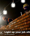 Construction workers using 50Ft LED Construction String Lights 75W 7500LM Industrial Grade Work Lights For Job Sites Renovations Outdoor