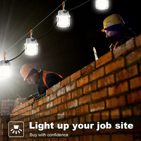 Construction workers using 50Ft LED Construction String Lights 75W 7500LM Industrial Grade Work Lights For Job Sites Renovations Outdoor