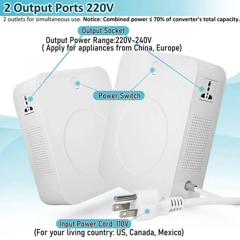 2000W Step Up Voltage Converter Transformer 110V To 220V appliance ports and power switch