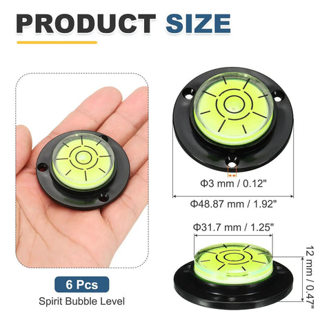 Nexarelle 6pcs Round Bubble Level D:48.9mm, H:12mm Black Green shown in hand for size comparison with dimensions.