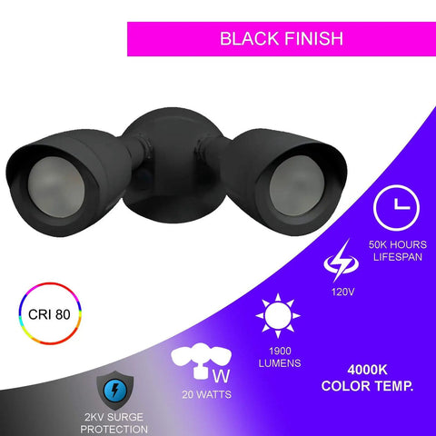 Outdoor Security Flood Light Dual Head 20W LED Bullet Style Flood Light 1900 Lumens IP65 Rating Die-Cast Aluminum Black Finish