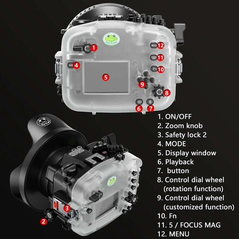 Underwater Housing For Sony FX3 FX30 With WA005A Dome Port Kit 40m Waterproof Scuba Case showing control button layout.