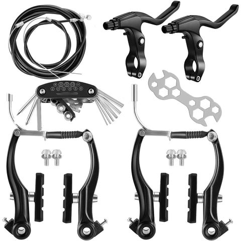 Universal V Type Bike Brake Set With Front And Rear MTB Brakes Cables Levers End Caps Multi Tool And Wrenches In Black