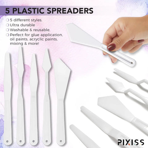 5 different styles of Pixiss plastic spreaders for applying repair adhesive, ideal for glue application with easy washability.