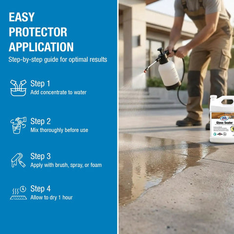 Man applying Clear Gloss Sealer For Concrete, Wood, Brick, Stone And Masonry - Wet Look Water Based Silicone Acrylic Waterproofing, step-by-step guide visible