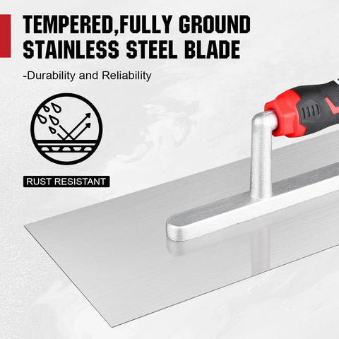 11-Inch By 5-Inch Stainless Steel Flat Finishing Trowel With Soft Grip Handle for smoothing plaster with rust-resistant blade.