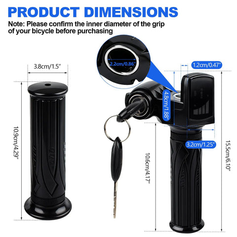 Universal 48V Ebike Full Twist Throttle With LCD Display And Key Lock, Plug And Play Handlebar Grip For Ridstar Q20 Q20Lite Q20Pro H20 H26 Pro H20 Pro And Other Ebikes And Scooters, Fits Seven Eighths Inch Handlebars 22mm