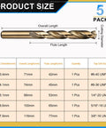 Five Piece Drill Bit Set Pro Grade 3.4mm To 7.9mm M2 High Speed Steel details with dimensions and sizes chart
