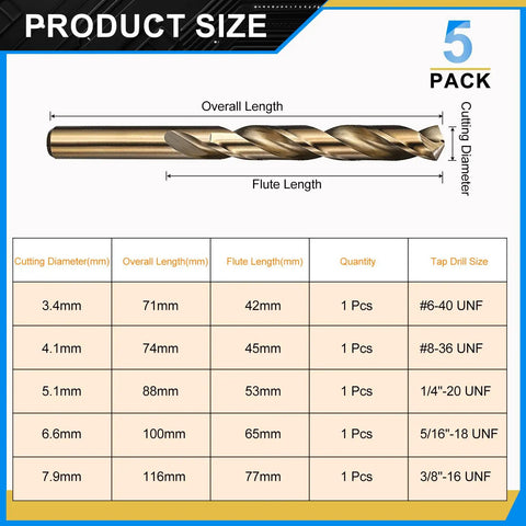 Five Piece Drill Bit Set Pro Grade 3.4mm To 7.9mm M2 High Speed Steel details with dimensions and sizes chart