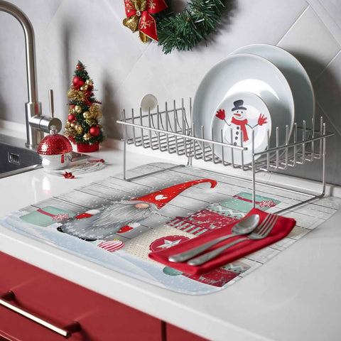 Cozy Holiday Dish Drying Mat With Gnome Design 18 By 24 Inches Absorbent Microfiber Surface And Cushioned Sponge under dish rack