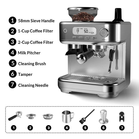 Semi Automatic Espresso Machine With 15Bar Pump And Stainless Steel Build Featuring PID LCD Controls and a Pro 58mm Portafilter with accessories.