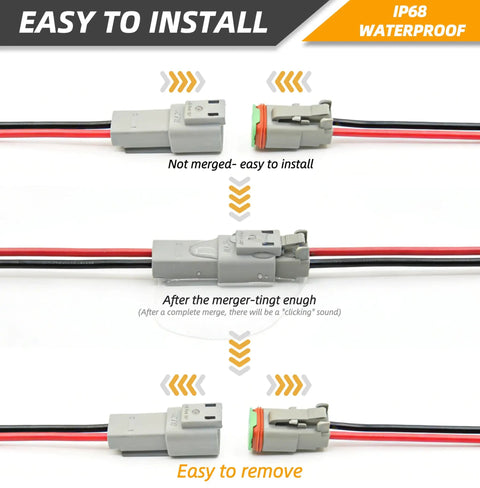 2 Pin DT Waterproof Connector Kit assembly demonstration showing easy installation and removal steps with IP68 waterproof feature.