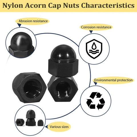 All In One Black Nylon Acorn Nut Kit With M3 To M10 Sizes, 155 Pieces showing characteristics like abrasion and corrosion resistance
