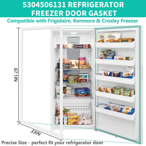 Upgraded Freezer Door Gasket Replacement 67 By 33 Inches for Refrigerator Tight Seal Premium Rubber Gasket 5304506131 5304505531 4452758 216522378 Fits Most Doors on open fridge showing fitted gasket