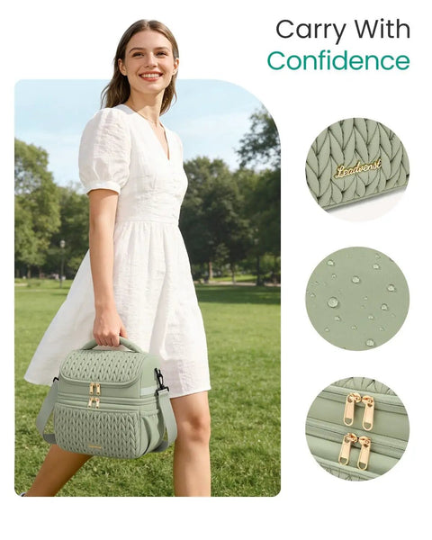 Straight Up Game Changer Super Chic 12l Insulated Breastmilk Cooler Bag With Double Deck Layout carried outdoors.