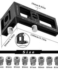 Upgraded 2-In-1 Drill Guide Positioning Clamp With Self Centering Clamp Graduated Aluminum Woodworking Tool Featuring 8 Drill Bushings 3-10mm Vertical Multi Angle Jig For Precise Straight Holes And Pro Grade Accuracy shown with size dimensions and bushings