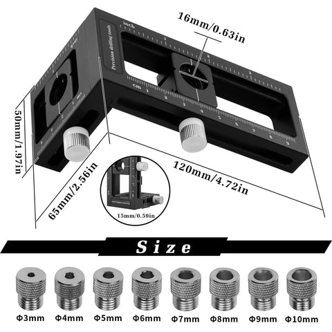 Upgraded 2-In-1 Drill Guide Positioning Clamp With Self Centering Clamp Graduated Aluminum Woodworking Tool Featuring 8 Drill Bushings 3-10mm Vertical Multi Angle Jig For Precise Straight Holes And Pro Grade Accuracy shown with size dimensions and bushings