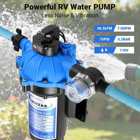 Heavy-Duty 7 GPM 70 PSI 110V Diaphragm Water Pump With Five Chamber Self Priming System spraying water outdoors