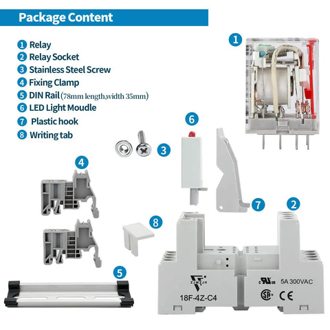 Package content of Six Pack 110V Electromagnetic Relays Kit with relay, socket, screws, DIN rail, LED module, and accessories.